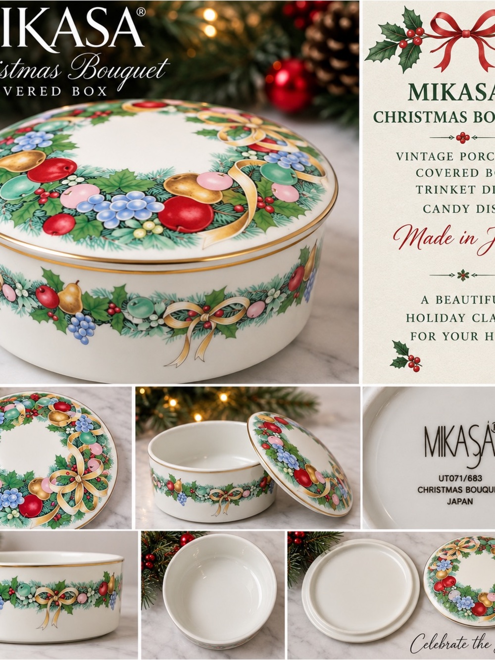 Mikasa Christmas Bouquet Covered Trinket Box - White with Holiday Wreath